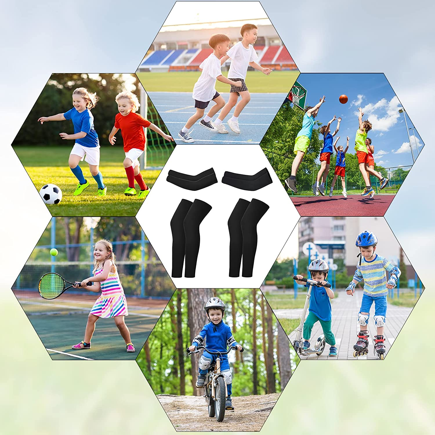 Geyoga 4 Pairs Kids Leg Sleeves Compression and Arm Sleeves Youth Leg Sleeves Arm Wraps for Cycling Basketball Sports image number 4