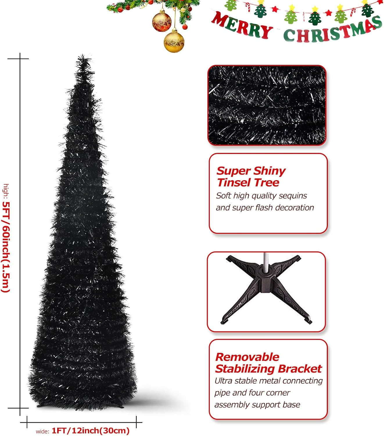 YUQI 5' Slim Black Tinsel Pop-Up Artificial Halloween Christmas Tree,Collapsible Pencil Halloween Christmas Trees Features Sequins Accents for Apartments,Dorm Rooms,Fireplace or Party image number 3