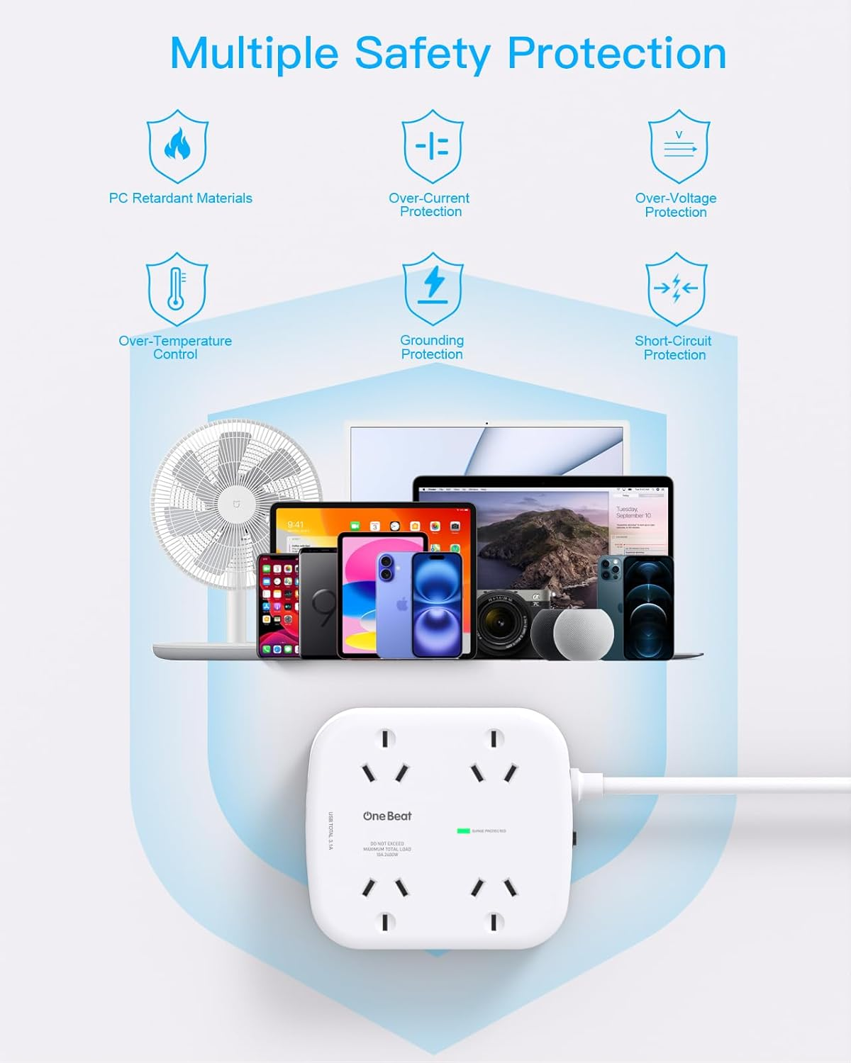 One Beat Surge Protected Power Board with 4 AC Outlets & 4 USB Ports (2&times;USB-C), 1.5M Extension Cord, AU Standard Travel Power Strip for Office, Dorm, Home Essentials image number 6