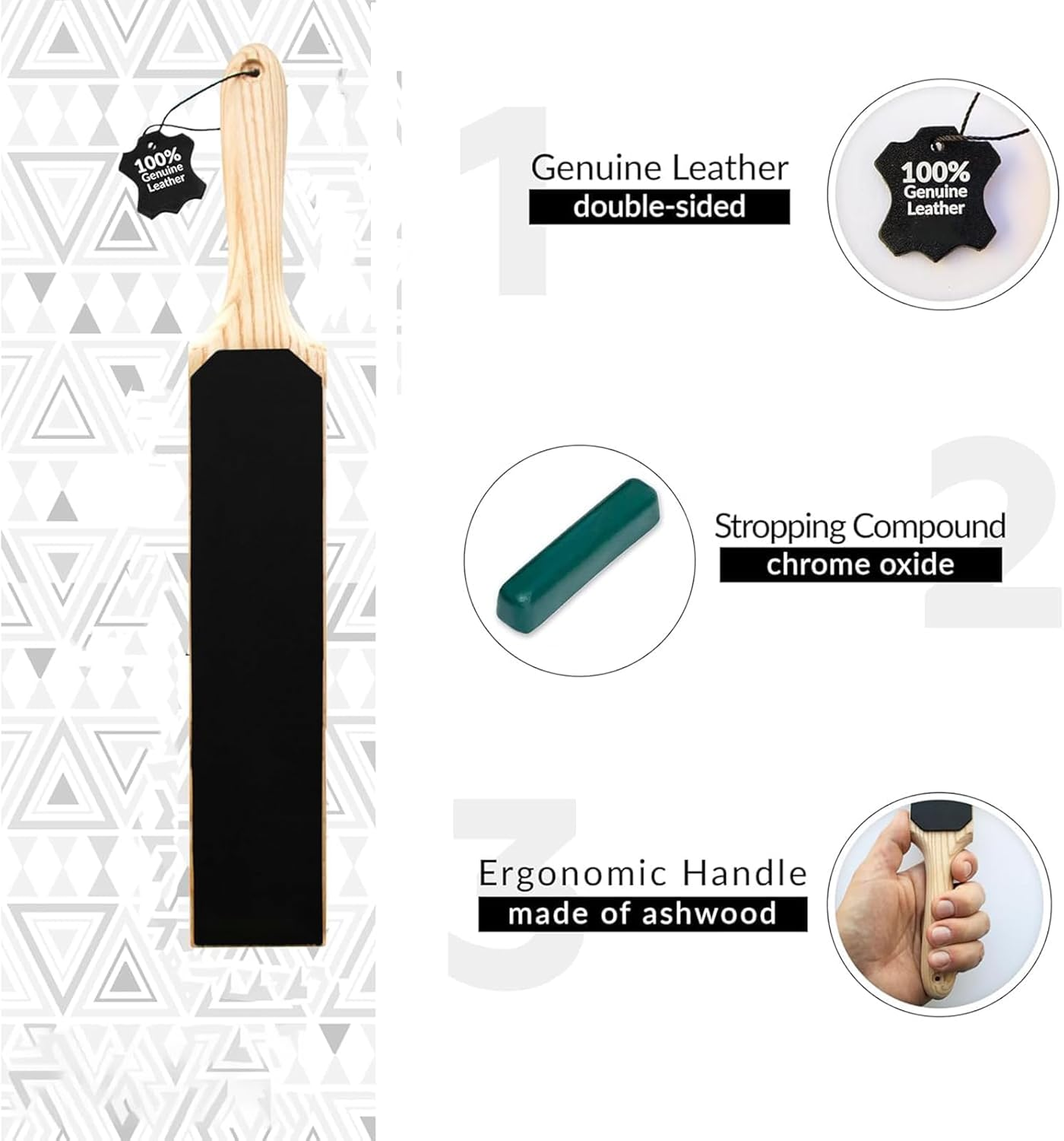 Yeanifeana Double Sided Leather Strop Paddle Kit with Premium Polishing Compound, 2-Sided Professional Stropping Kit for Knife Sharpening, Wood Carving & Woodworking Tools image number 3