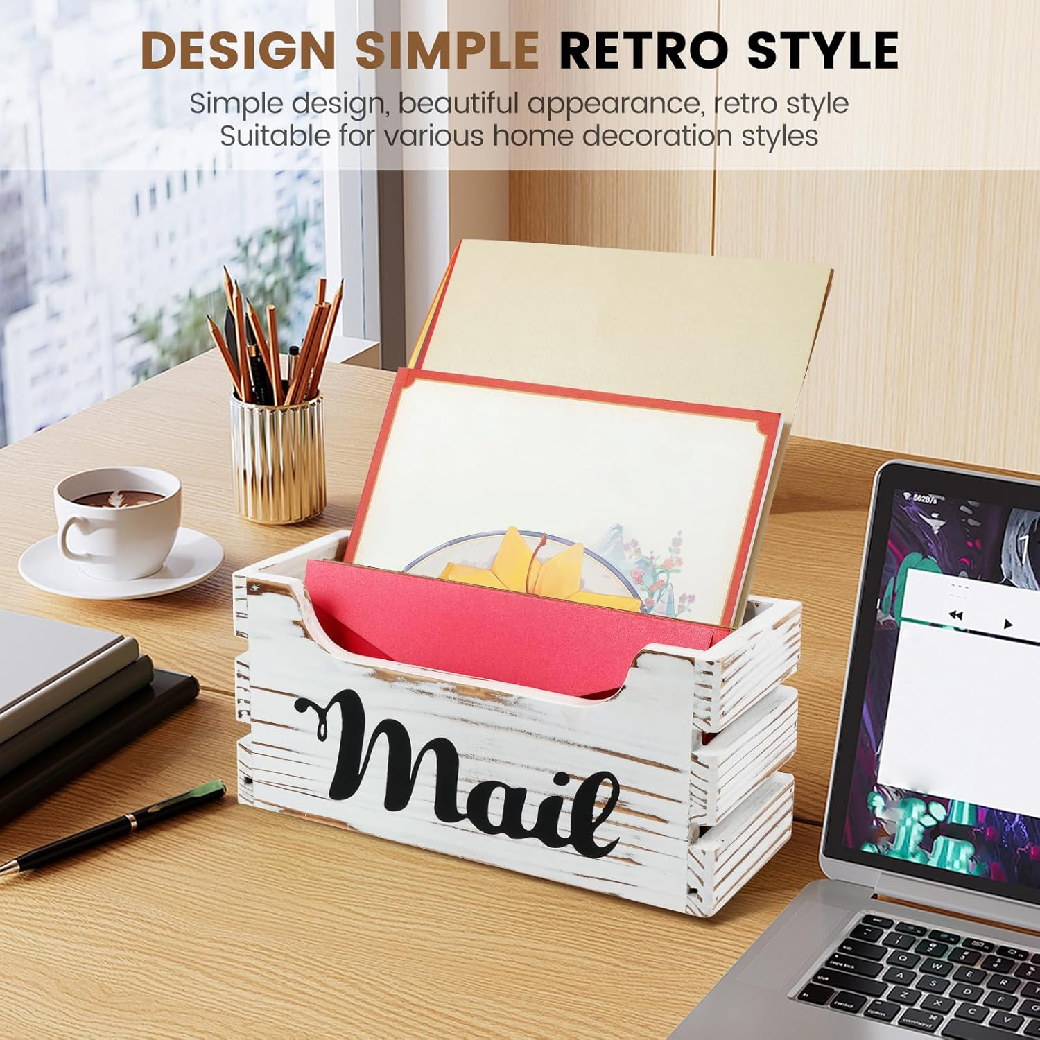 UKQRRTC Wood Mail Organizer, Vintage Mail Holder, Countertop Mail Basket, Wall Mount Mail Organizer Box for Office Home (White) image number 2