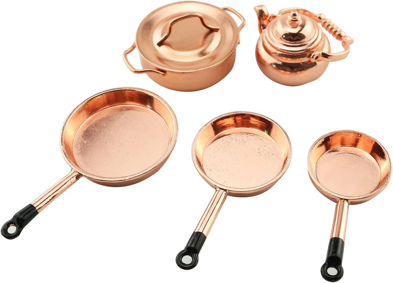 TAODAN Dollhouse Kitchen Cookware 1/12 Scale Miniatures Metal Frying Pans, Kettle, Copper Pots with Lids for Dollhouse Kitchen Accessories Christmas Birthday Gift Miniature Stovetop Cookware image number 2