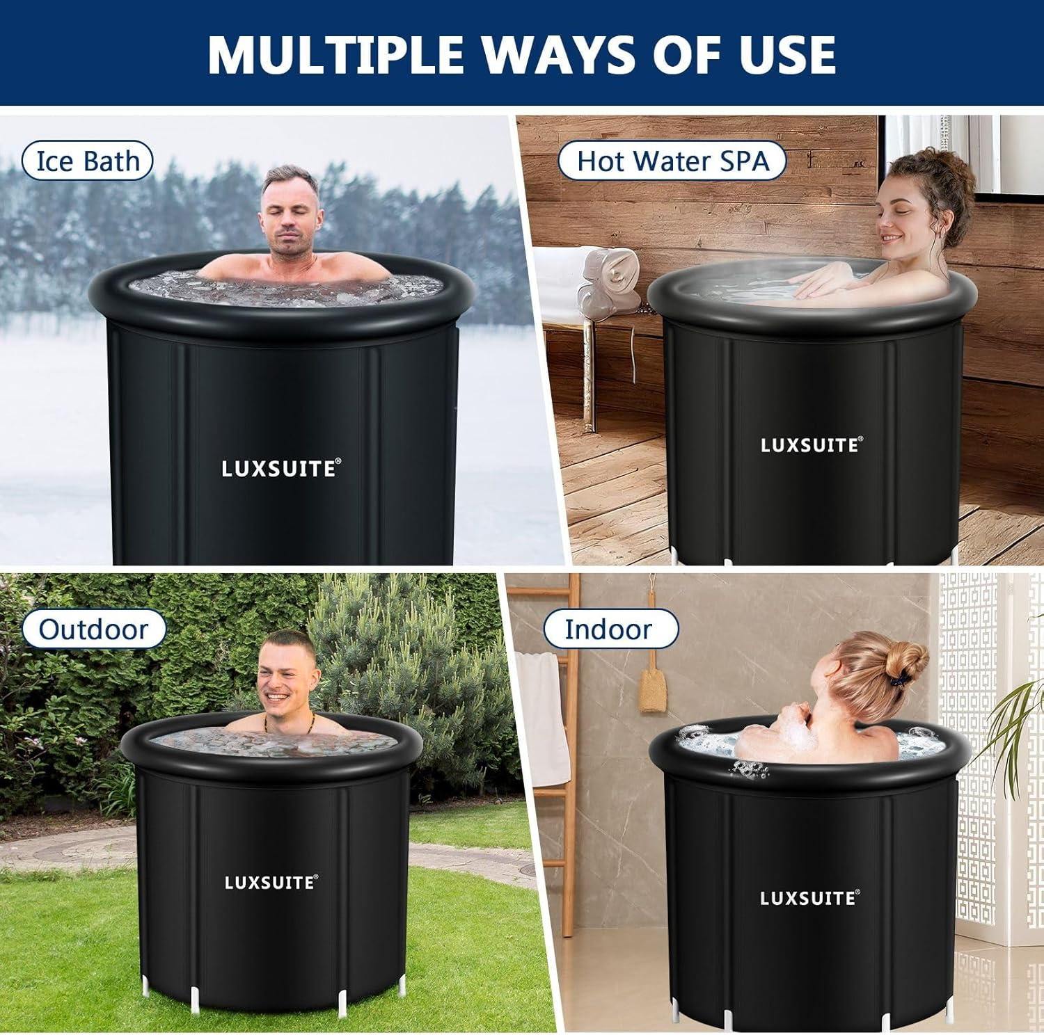 Portable Ice Bath Tub Inflatable Hot Bathtub SPA Massage Athletes Cold Water Therapy Adult Soaking Folding Outdoor Plunge Large Black 80X71Cm, 300L image number 5