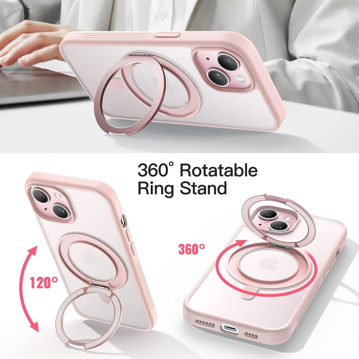 Jetech 360 Degree Rotatable Ring Case for Iphone 15 plus 6.7-Inch Compatible with Magsafe, Slim Shockproof Phone Cover with Stand & Ring Holder (Pink) - Blue image number 5