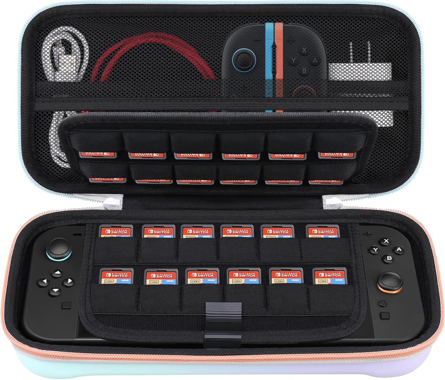 Elonbo Carrying Case for Nintendo Switch 2 (2025), Switch 2 Games Controller Grip Hard Travel Bag, Game Player Organizer Holder, Mesh Pocket Fits Joy-Con Cables Games Cartridges, Pink-Green