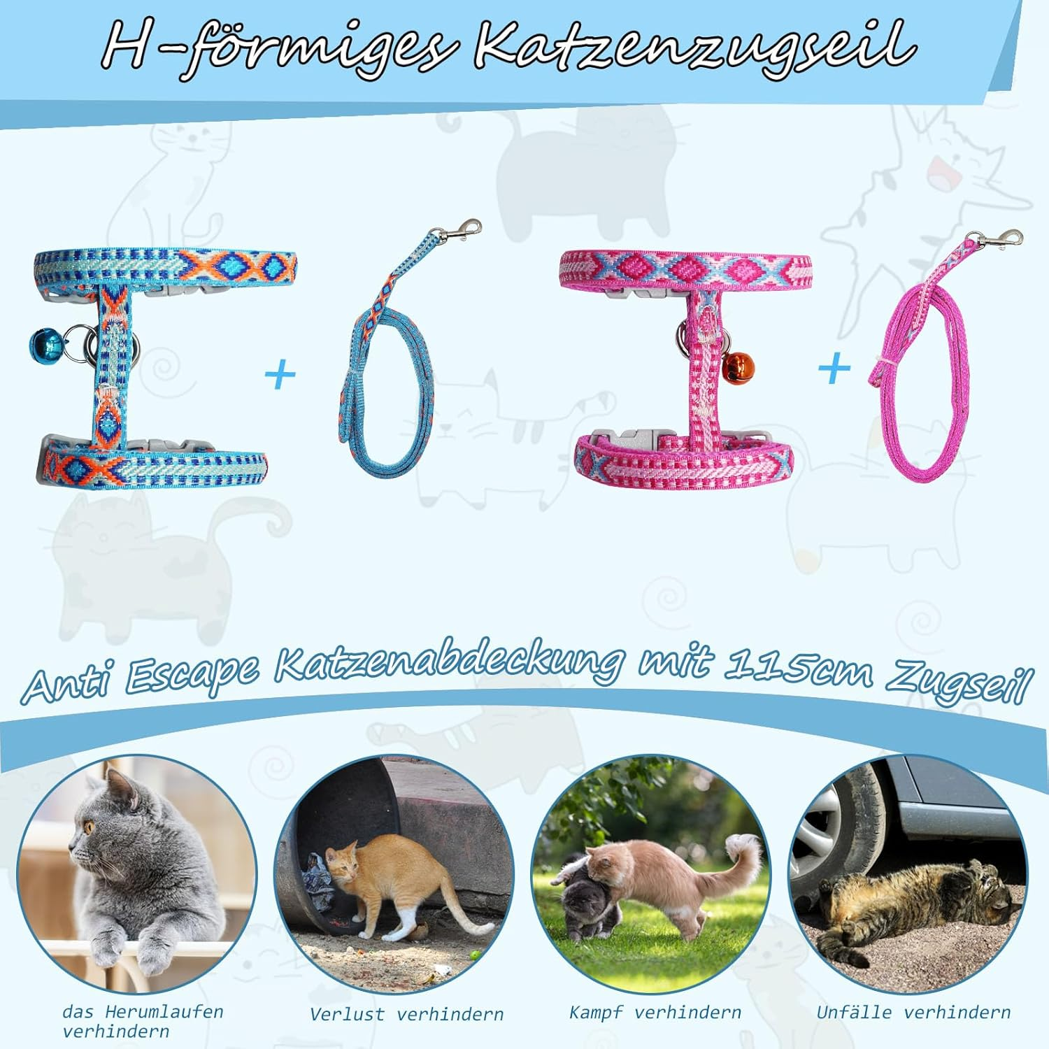 2 X Adjustable Harnesses Cat Lead Set, Nylon Harnesses Cat Lead, Harness with Lead for Kittens, Kittens, Pets, Cat Harness, Cat Harness with Lead, Escape Proof (Light Blue and Pink) image number 4