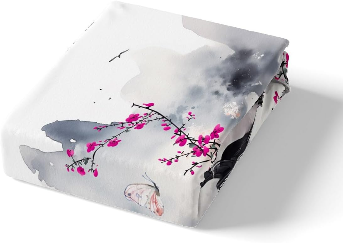 Manfei Chinese Style Duvet Cover Set Twin Size, Watercolor Butterfly Flower Comforter Cover with 1 Pillowcase, Ink Painting Mountain Bedding Set 2Pcs for Kids Boys Girls Lightweight Bedspread Cover image number 3