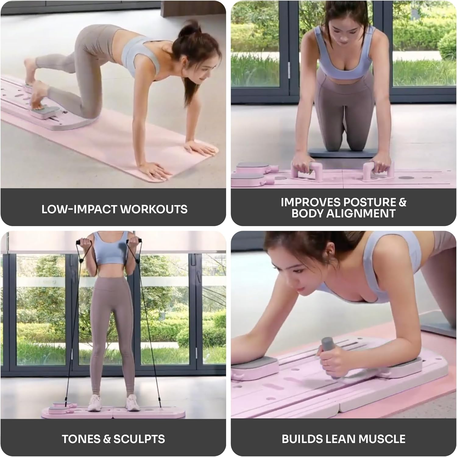 Myga Pilates Reformer Machine - Foldable Pilates Board with Rebound Ab Roller, Resistance Bands, Push up Bars & LED Counter for Full Body Workout - Multifunctional for Home, Gym & Travel - Pink image number 6