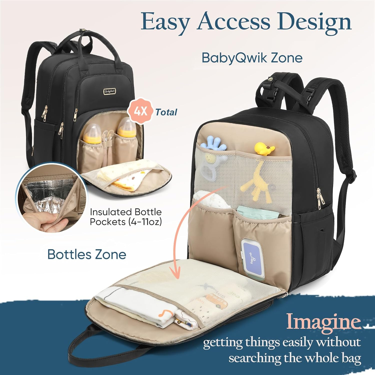 Qualyphant Diaper Bag Backpack - Expandable 35L Extra Large Diapers Bags for 2 Kids Twins, Quilted Baby Changing Backpacks image number 3