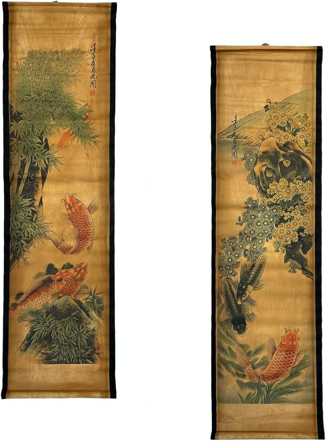 4Pcs/Set Wall Scroll Hanging Painting Decor Fish Flower Fengshui, Ancient Paintings Replica Asia Traditional Art, Attract Wealth Four Seasons image number 3
