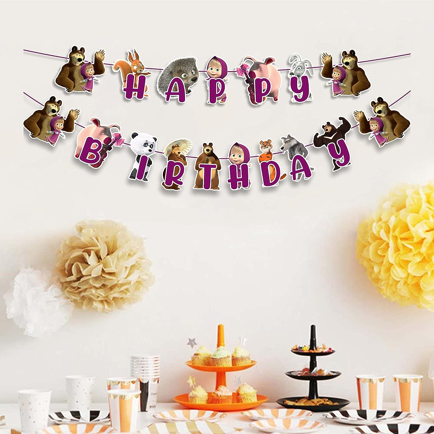 Masha and the Bear Happy Birthday Banner -Themed Birthday Banner &ndash; Fun Party Decoration for Kids, Vibrant Colors, Perfect for Themed Celebrations & Festive Atmosphere - Cartoon Duck Happy Birthday Banner image number 3