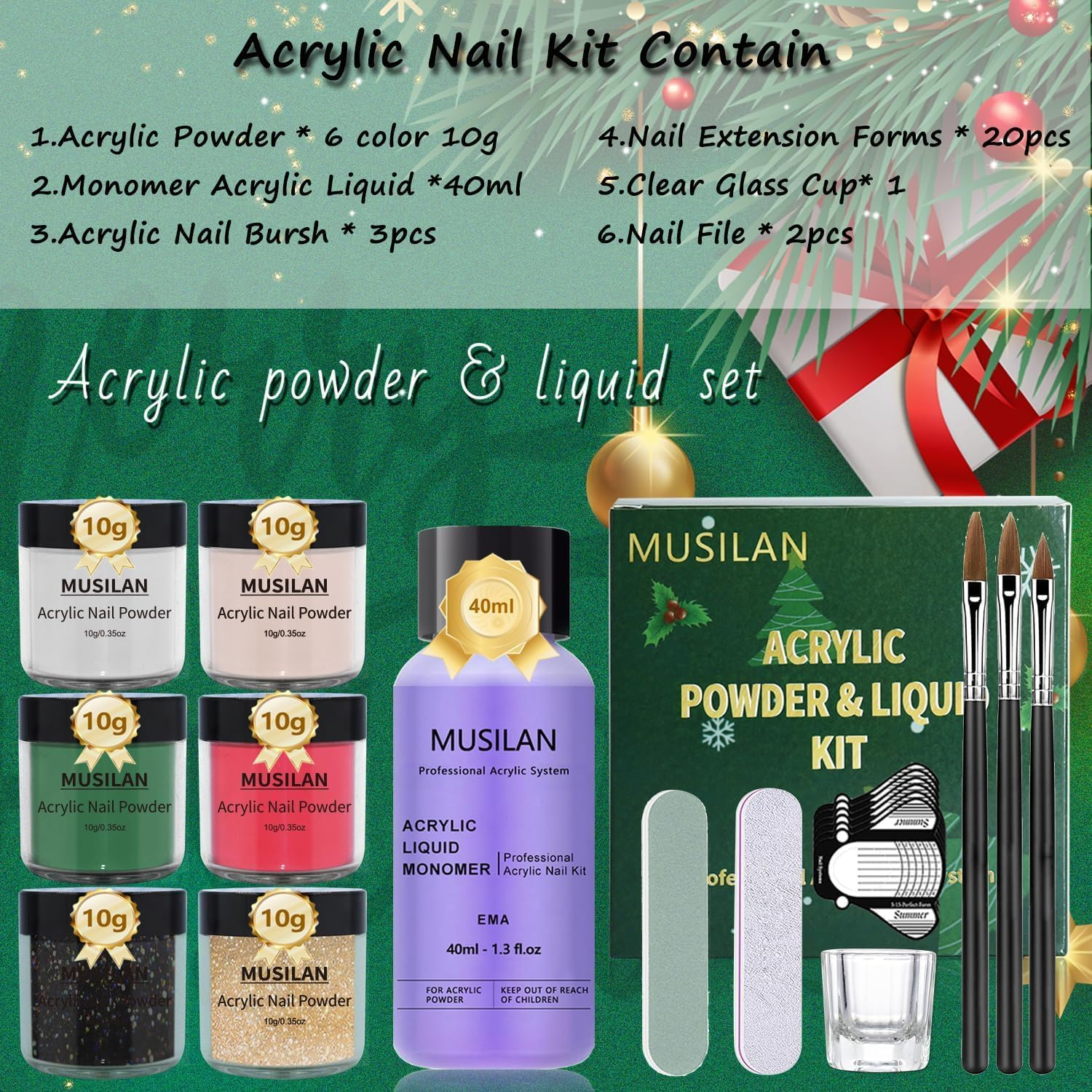 MUSILAN Acrylic Nail Kit for Beginners, Professional Liquid Monomer and 6 Colors Acrylic Powder Set with Everything Nail Brush and Forms & Files for 3D Nail Carving Application Manicure Tool DIY Salon image number 5