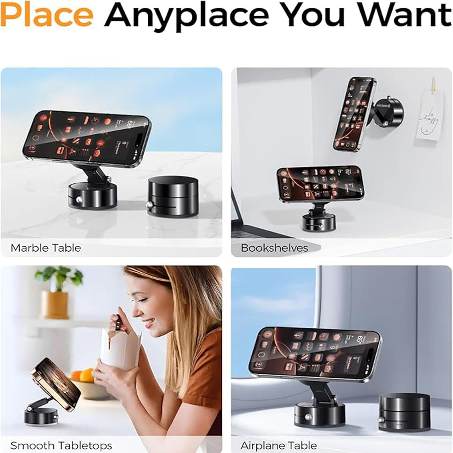 Vacuum Magnetic Phone Holder, 360&deg; Rotating Adjustable and Foldable Suction Cup Phone Holders, Stand Magnetic Phone Holder for Car/Gym/Mirror/Smooth Surface (Black) image number 6