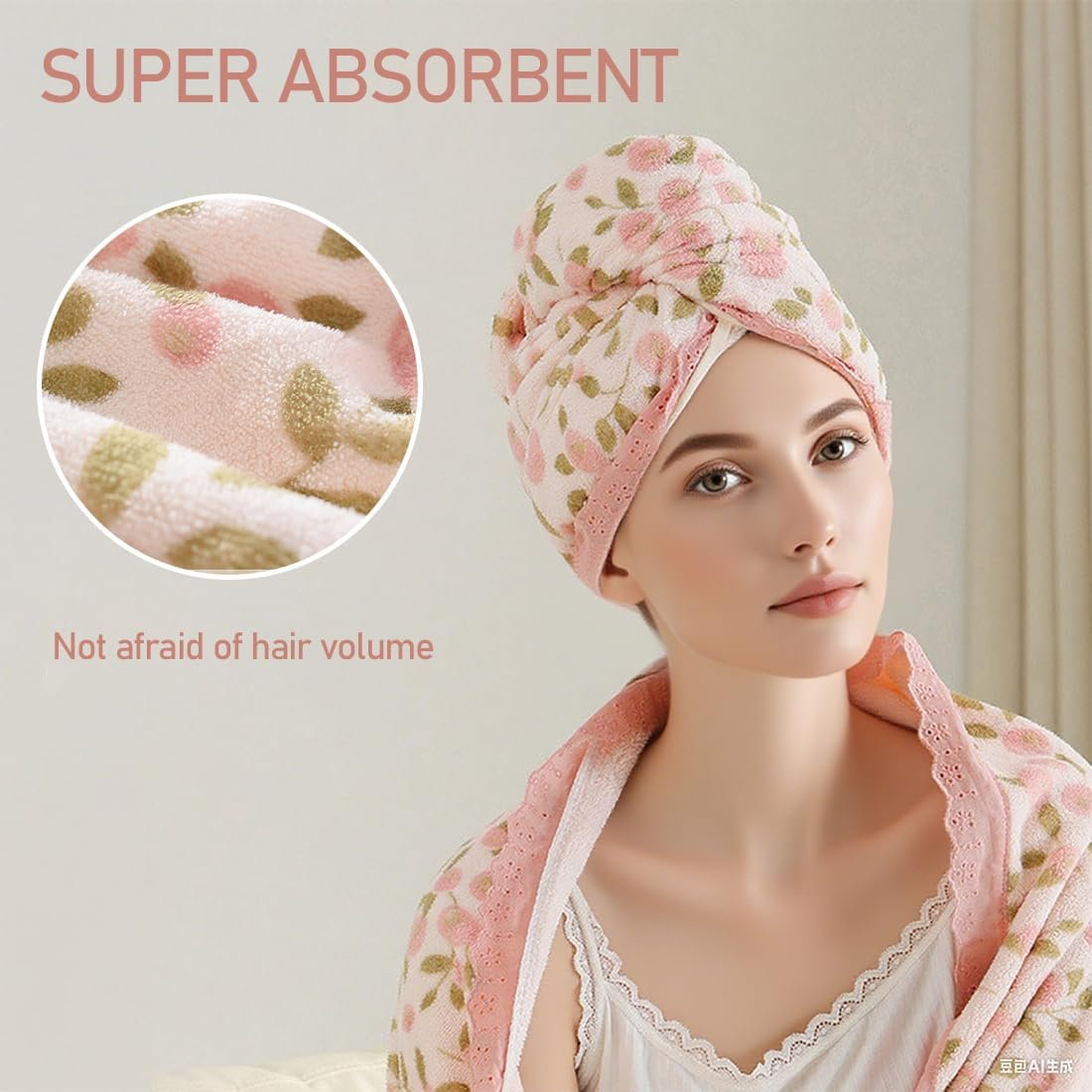 FIMWOLZ 1 X Coral Fleece Hair Turban Hair Drying Towel with Buttons with Lace Trim, Quick-Drying Turban Towel for Hair image number 3