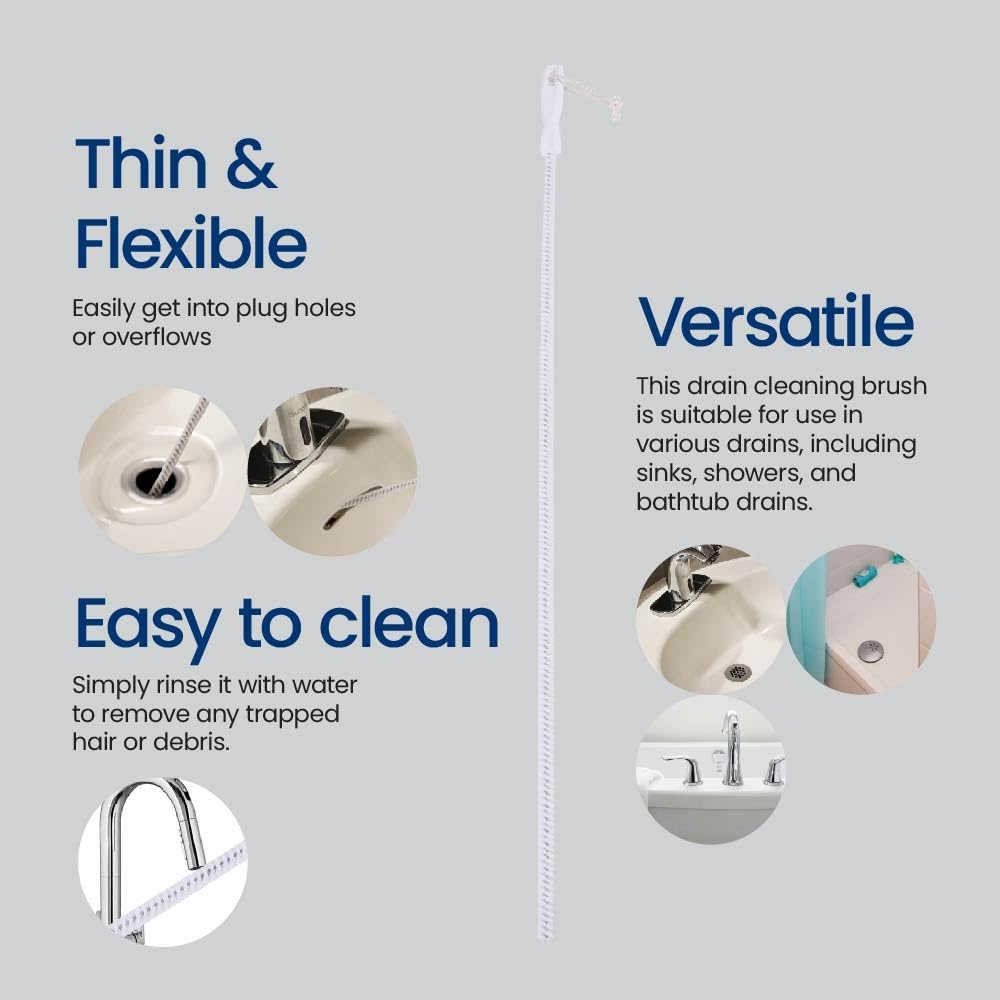 White Magic Extra-Long Hair Catching Drain Cleaning Brush &ndash; 75Cm, Made in USA, Clears Hair & Gunk, Enhances Drainage, Eliminates Odors, Versatile for Drains, Sinks, Tubs, & More, Durable & Easy to Use