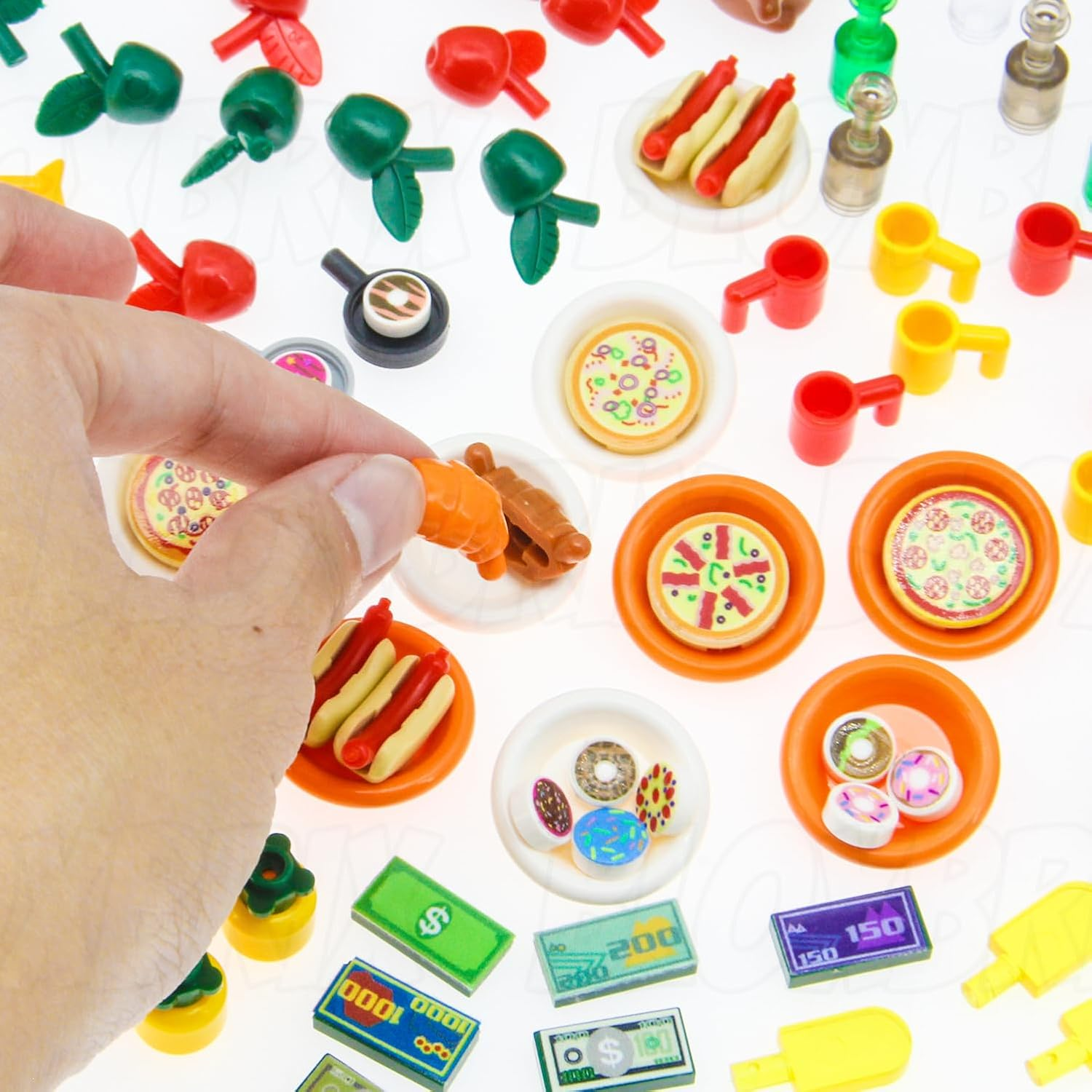 Bloxbrix 180Pcs City-Friends Brick-Food-Pieces -Fruit-Apple-Banana-Pineapple-Cherry Desserts-Ice Cream-Cake-Sweet Cone Picnic-Pizza-Hotdogs-Turkey-Fish-Beer-Money Toys for Extra Bricks image number 4