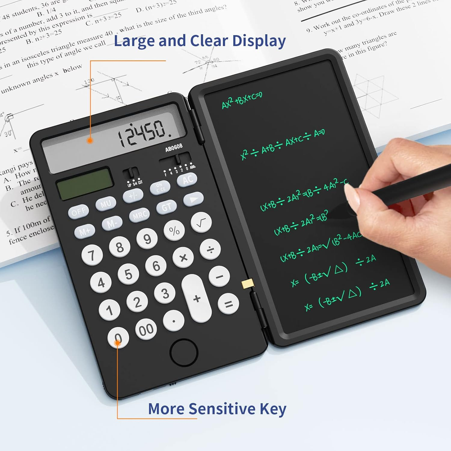 NEWYES Portable Calculator with Notepad, ROATEE Basic Calculator with Writing Tablet,12 Digits Large Display Rechargeable Solar Power Desk Calculator for Office, School AB0608 - Black image number 6