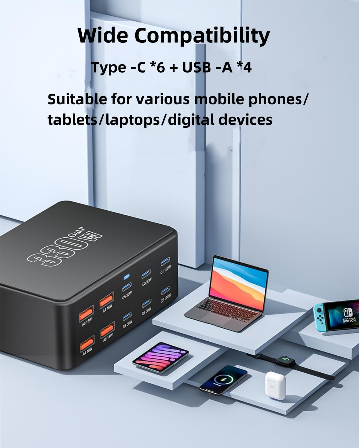 FOSION USB C Charging Station 330W, 10 Port Power Hub with PD 100W 65W 30W QC3.0 18W Fast Charging for Iphone 15, Ipad Air/Pro, Galaxy image number 4