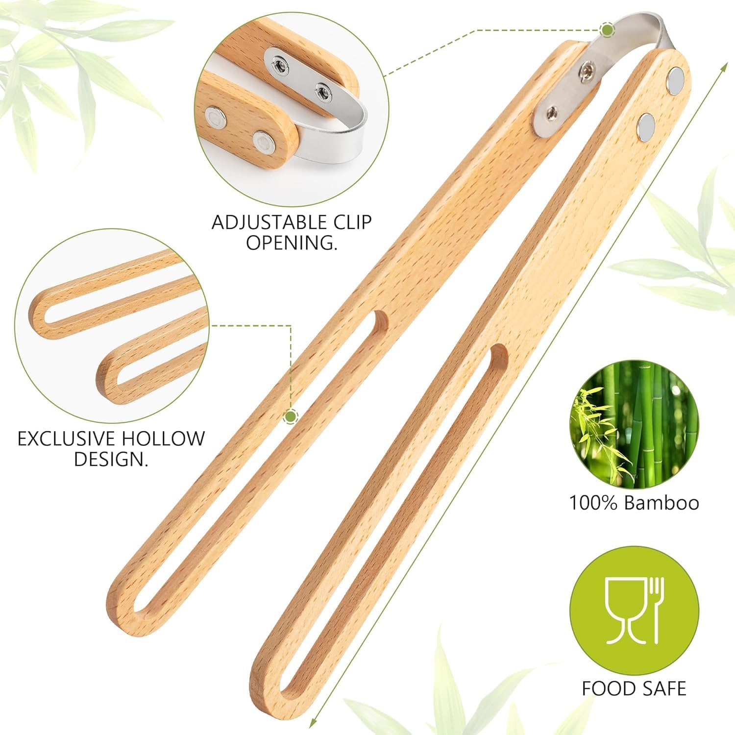 Fokmuaex Wooden Kitchen Tongs - 12" Natural Bamboo Cooking Tongs for Salad, Pasta, BBQ, Grilling & Serving, Heat-Resistant & Lightweight Kitchen Utensils image number 1