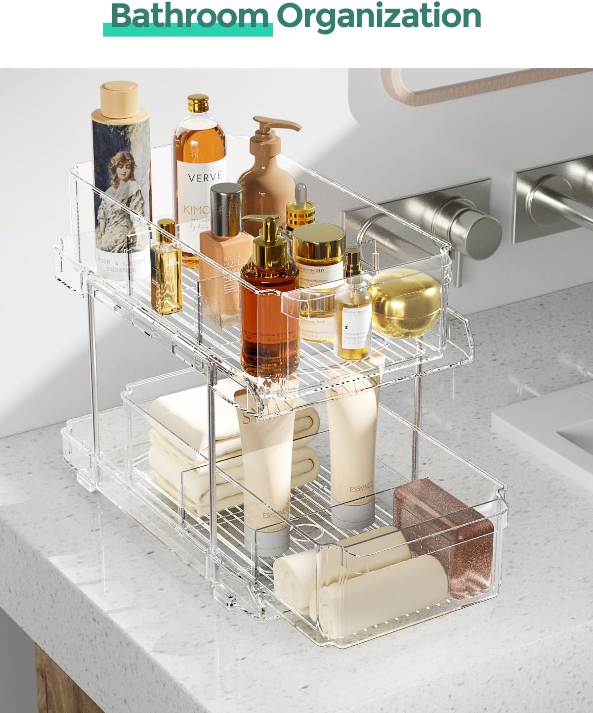 IPOW 2 Pack of 2 Tier Pull Out Kitchen Storage Organizer with Dividers, Organiser for Kitchen Bathroom Pantry Storage, Medicine Cabinet, under Sink image number 3