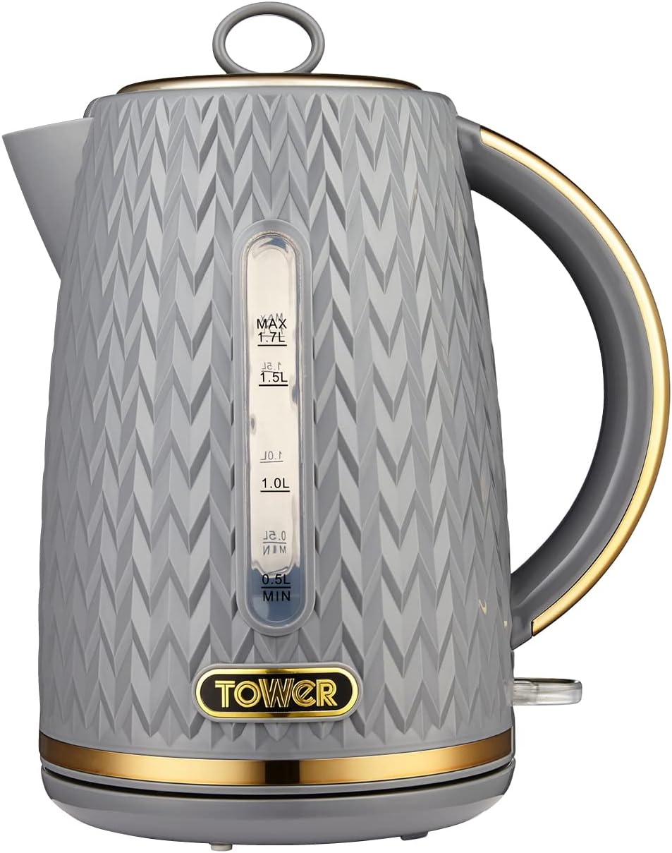 Tower T10052GRY Empire 1.7 Litre Kettle with Rapid Boil, Removable Filter, 3000W, Grey with Brass Accents
