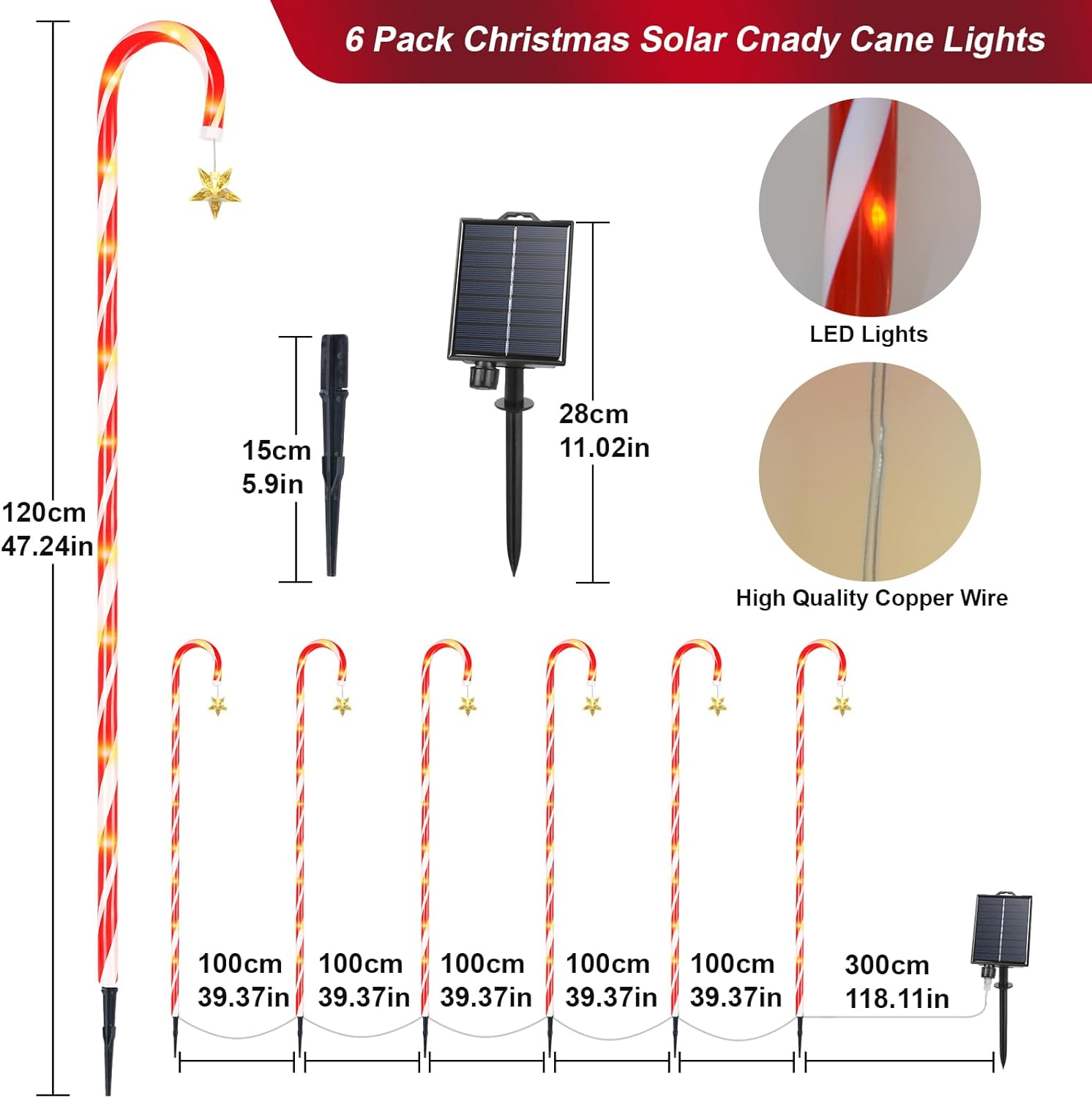 Ninonly 1.2M Solar Christmas Candy Cane Lights, 6 Pack Solar Christmas Lights Outdoor with 8 Modes, 78 Leds Waterproof Xmas Garden Light USB Charging for Yard Pathway Decorations image number 3