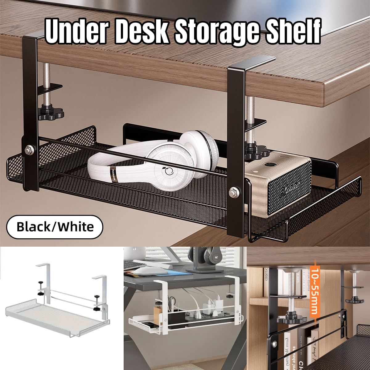 AIMALL Adjustable under Desk Storage Shelf, Non-Perforated Wire Management Rack, 14.4X7.9 Inches, White Mesh, Ideal for Cable & Accessory Organization