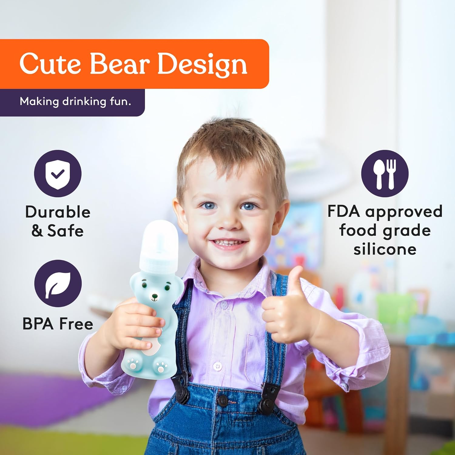 Special Supplies Honey Bear Straw Cup Long Straws, Squeezable Therapy and Special Needs Assistive Drink Container, Spill Proof and Leak Resistant Lid (Pack of 1 Bottle and 3 Straws) image number 2