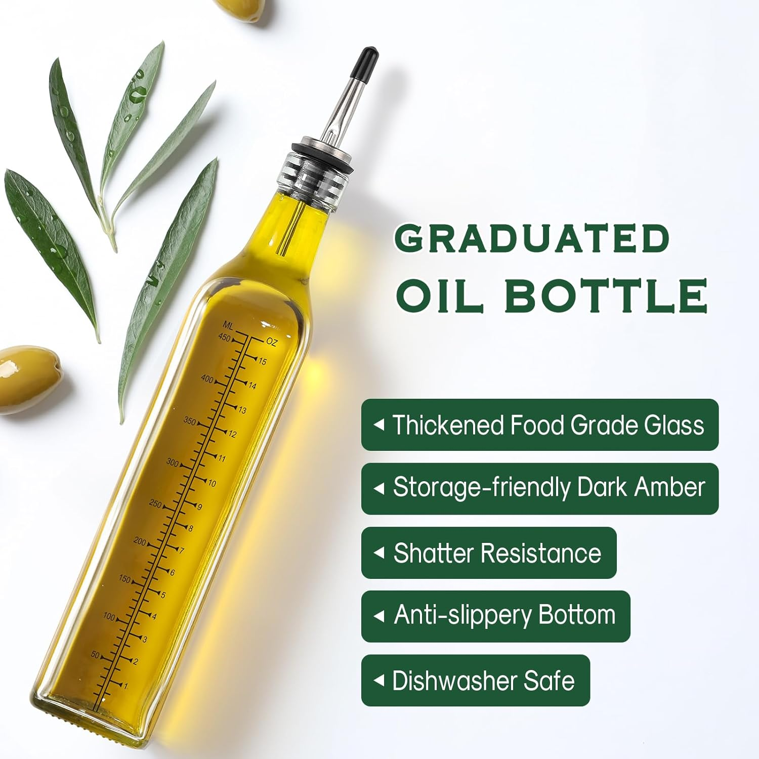 AOZITA 17Oz Glass Olive Oil Dispenser Bottle - 500Ml Clear -Oil & Vinegar Cruet with Pourers and Funnel - Olive Oil Carafe Decanter for Kitchen - Clear With Measurements image number 3