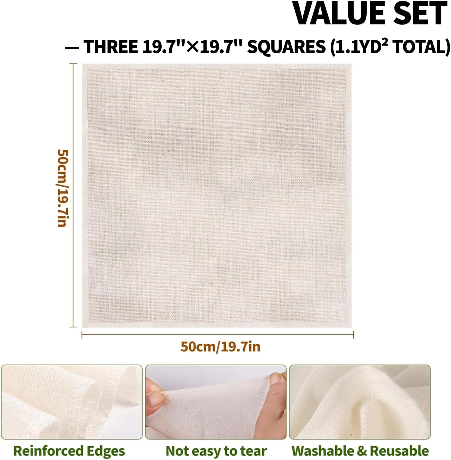 3 Pcs Grade Cheesecloth, Cheese Cloths, Dual Layer Design Pure Cotton Muslin Cloths, Ultra Fine Soft Square Cheesecloth Cheese Cloths Muslin Cloth Weave Fabric Filter for Cooking, Baking image number 1