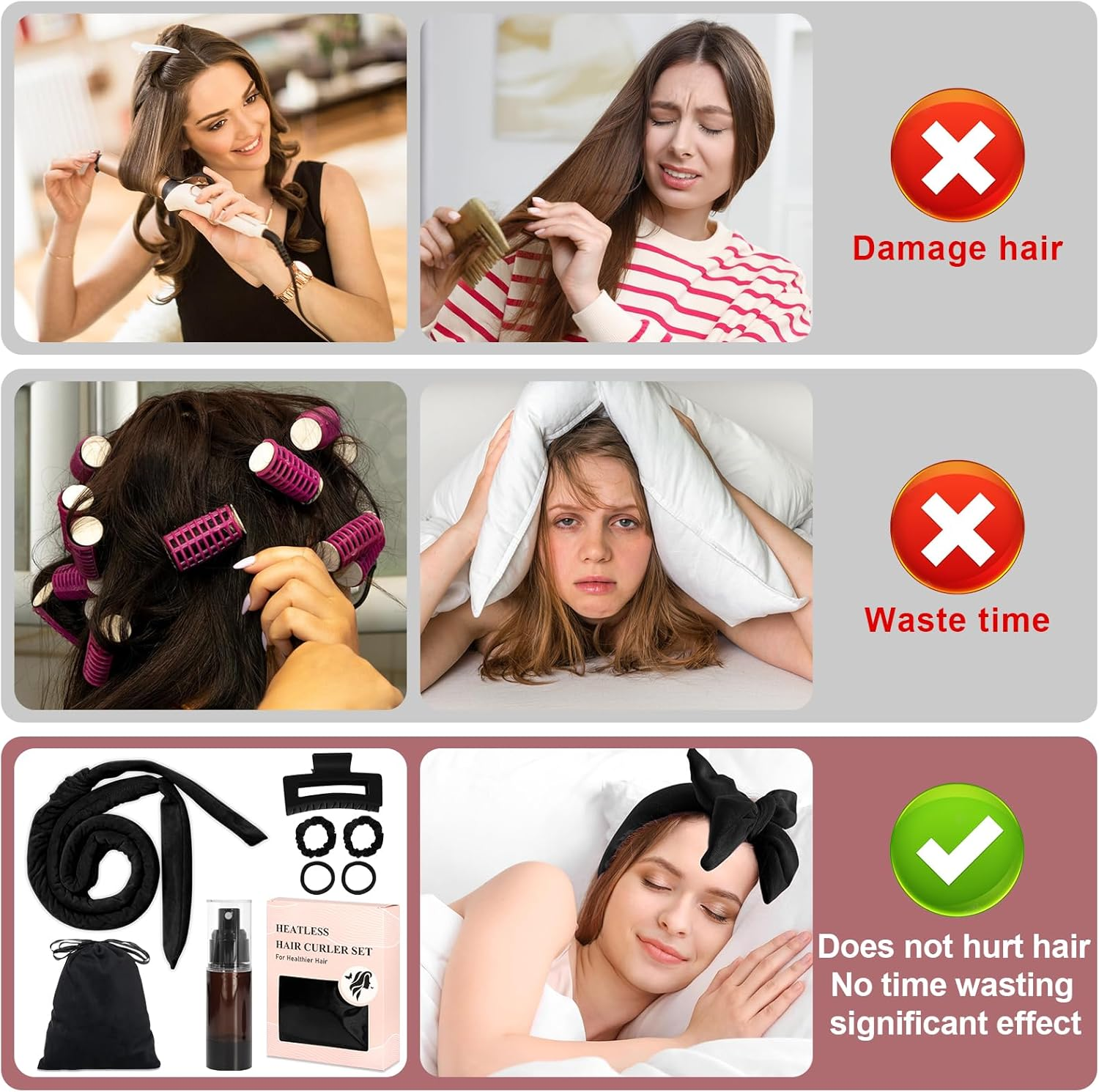 PQETBV Curlers Curls without Heat, Velvet Heatless Overnight Curls Curlers Overnight, 9 Pieces DIY Hair Curler Rollers Curling Tape for Medium Long Hair (Black) image number 6