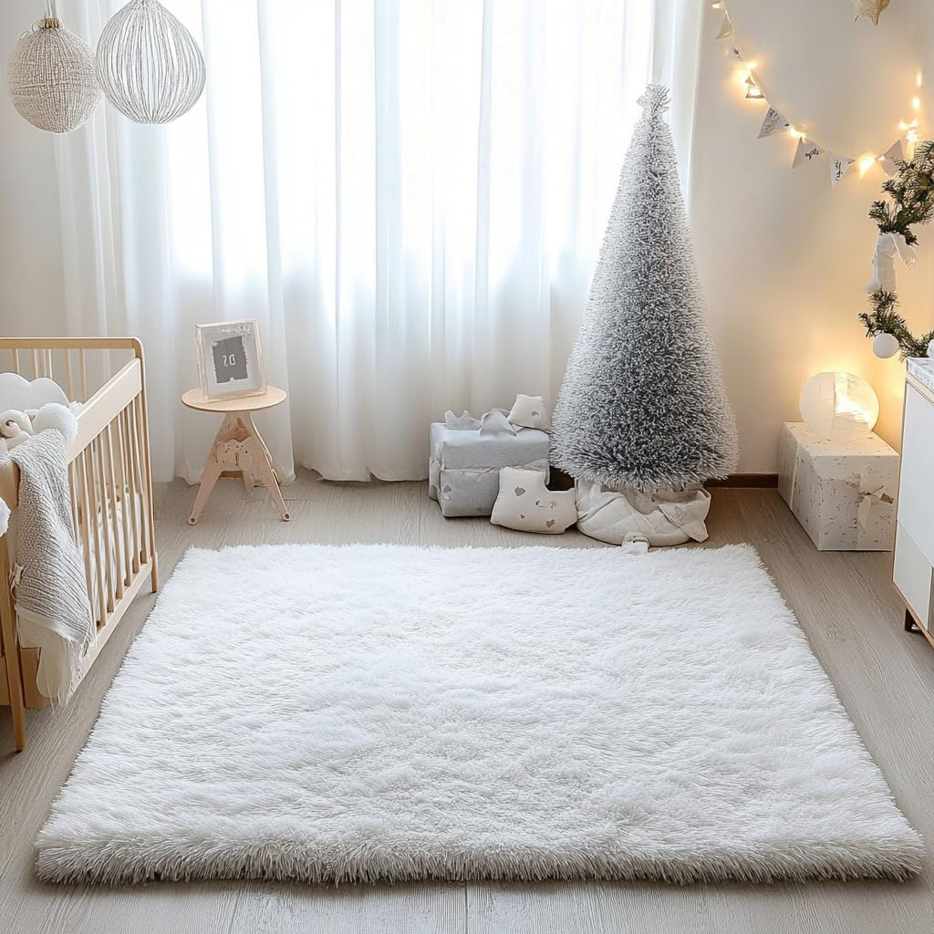 Rugs for Living Room Fluffy Area Rug Shaggy for Bedroom Soft Modern Luxury Fur Carpet for Kids Room Nursery Indoor Plush Furry Rug Comfy Home Decor Floor Mat (White, 60 * 110Cm)