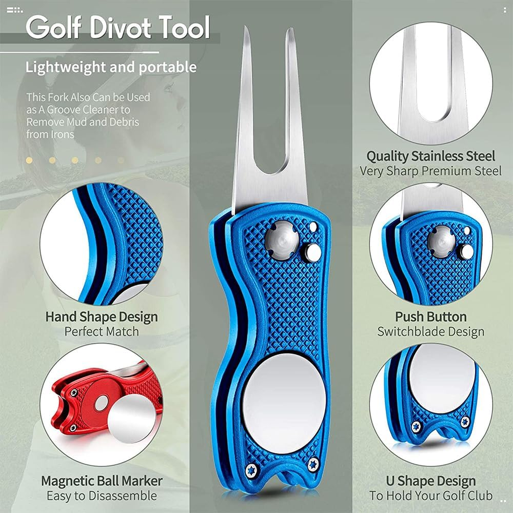 Metal Foldable Golf Divot Repair Tool with Pop-Up Button & Magnetic Ball Marker Red