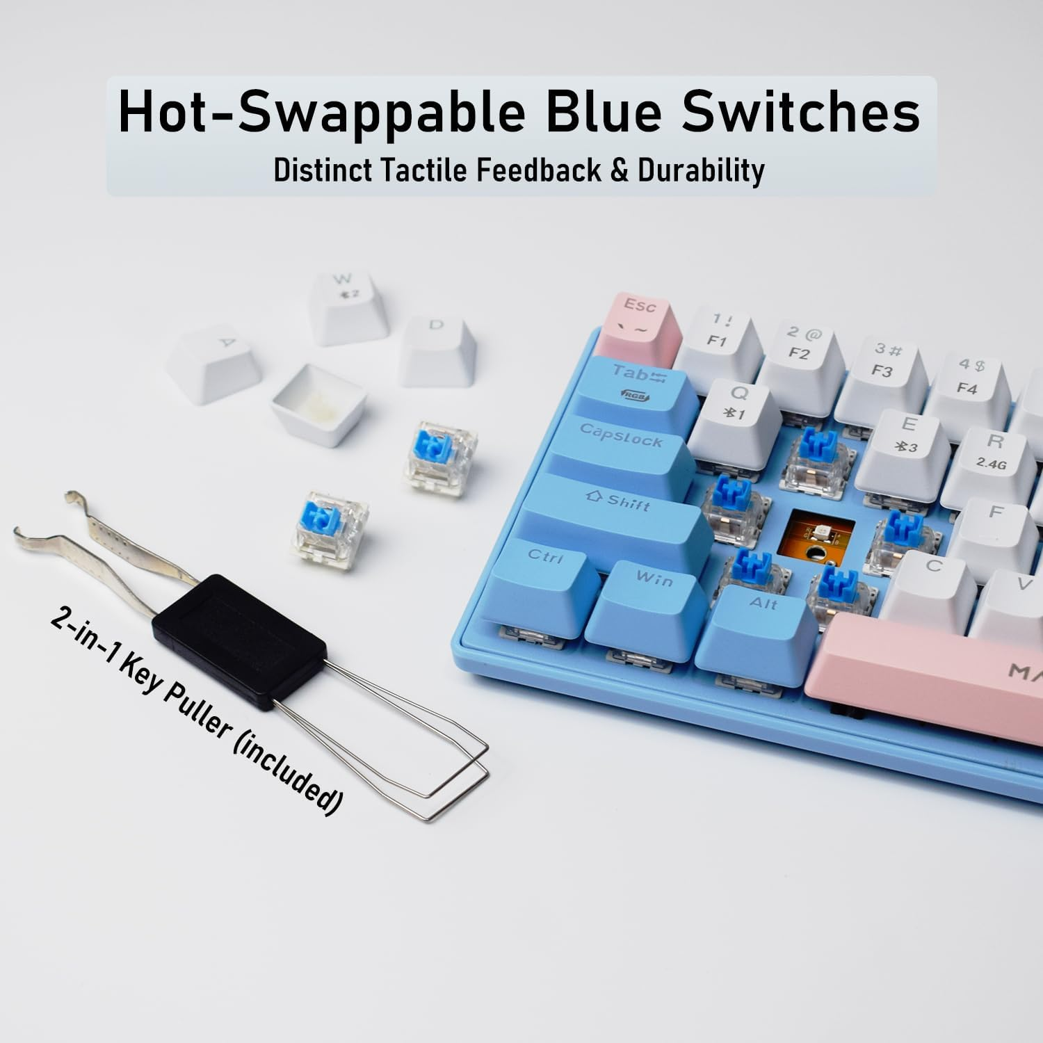 60% Wireless Mechanical Keyboard, MACHNIVO K11 68 Keys Gaming Keyboard with Hot Swappable, 2.4Ghz/Bluetooth/Usb-C to a Cable, RGB Creamy Keyboard Compatible with Windows/Mac (Blue Switch, Blue & Pink) image number 2