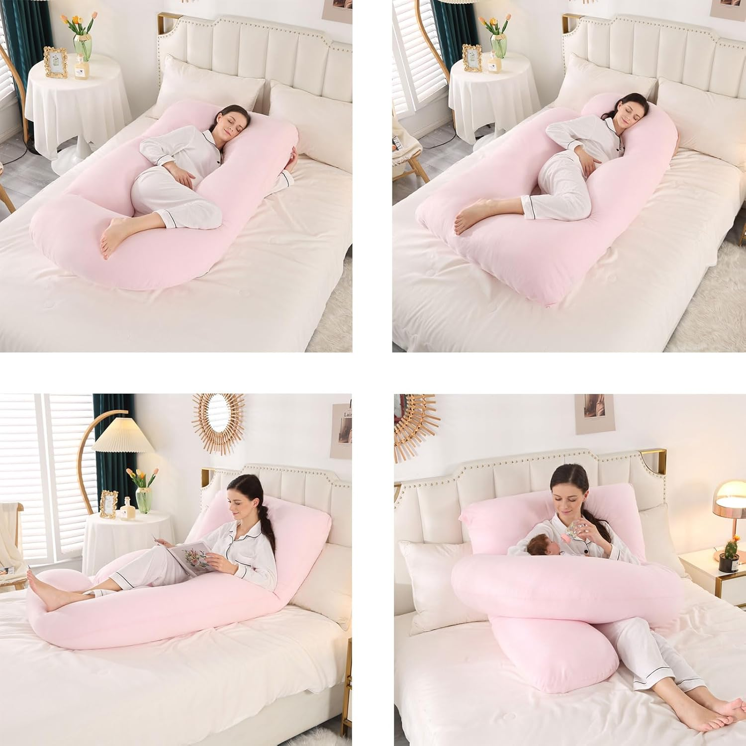 Pregnancy Pillow, Maternity Full Body Pillow for Back, Legs and Belly Support, J Shaped Full Body Pillow for Pregnant Women and Side Sleepers with Removable Cover (Knitted Cotton, Pink) image number 1