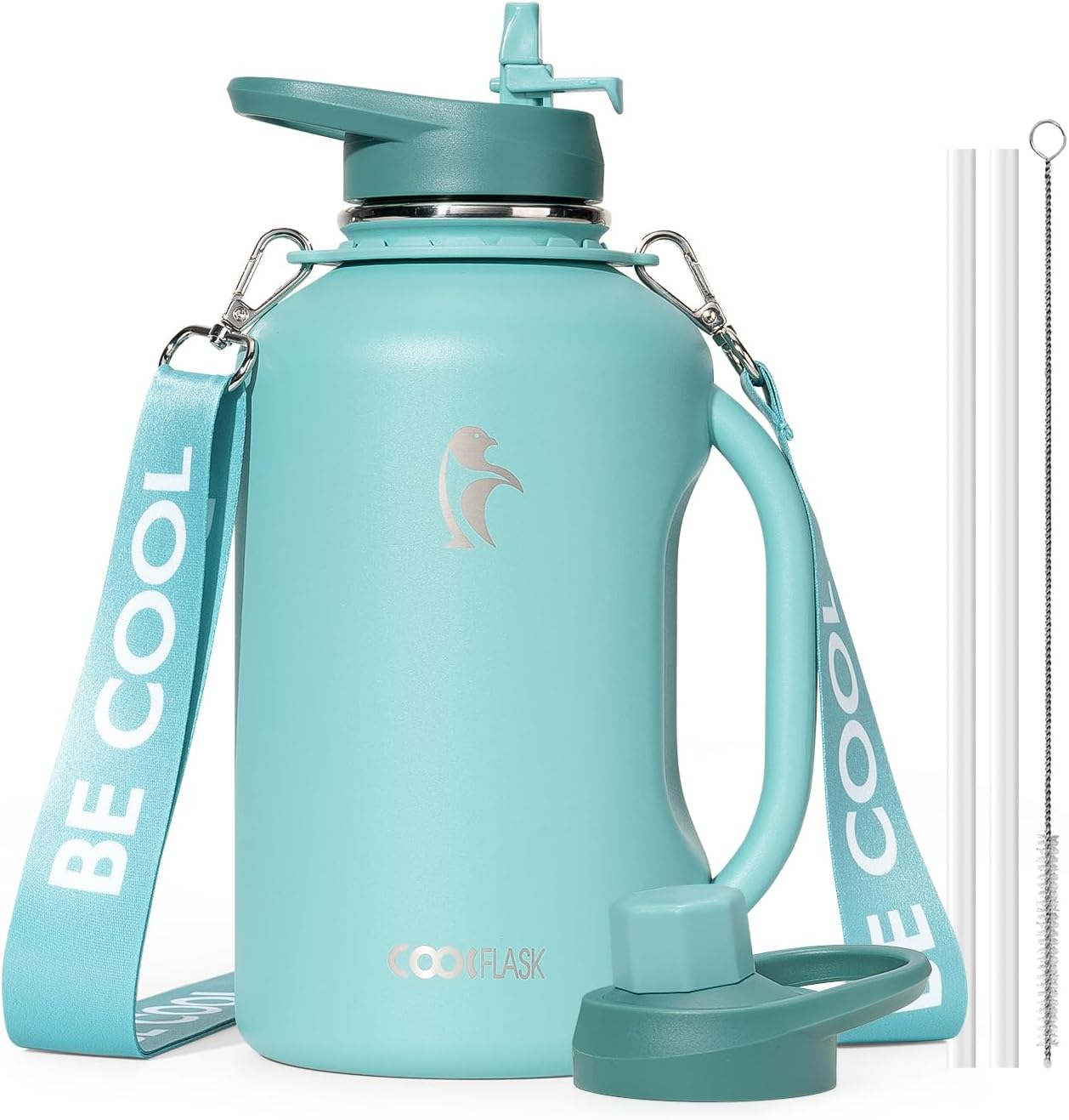 64 Oz Water Bottle Insulated with Handle, Coolflask Half Gallon Water Jug with Strap Straw Stainless Steel Double-Walled Vacuum Metal Large Flask Leakproof, Keep Cold 48 Hrs Hot 24Hrs, Prussian Blue