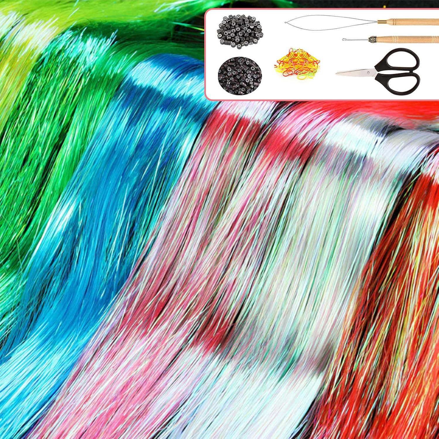 VEGCOO Coloured Hair Extensions 4400 Strands, Hair Tinsel Kit 20 Colors with Tools, Glitter Synthetic Straight Hair Extension Clips Party Highlights Hair Accessories for Kids Girls Women image number 1