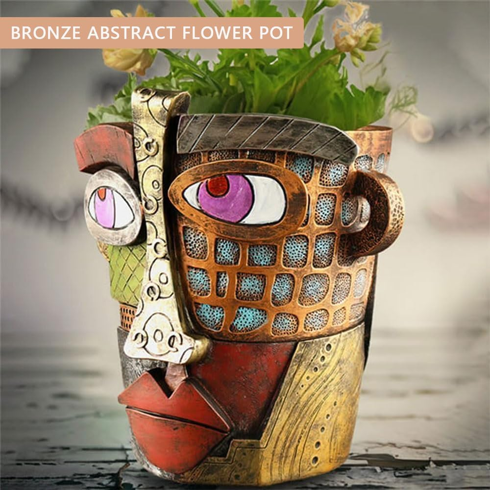 HYAVIA Handmade Abstract Picasso Face Planter &ndash; Brutalist Resin Head Flower Pot, Colorful Art Planter for Indoor and Outdoor Plants, Unique Room Decor (Retro Style) image number 3
