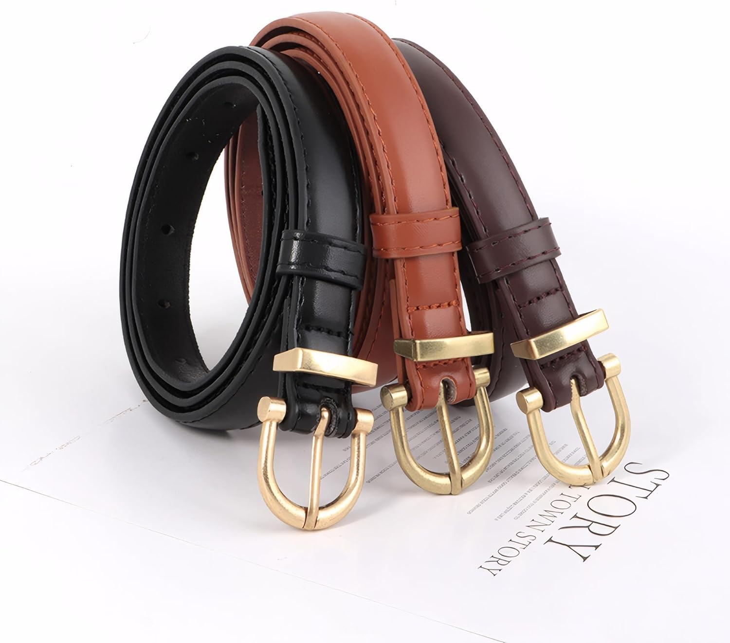 Kintiva Women'S Adjustable Skinny Leather Belt, Slim PU Strap with Metal Buckle