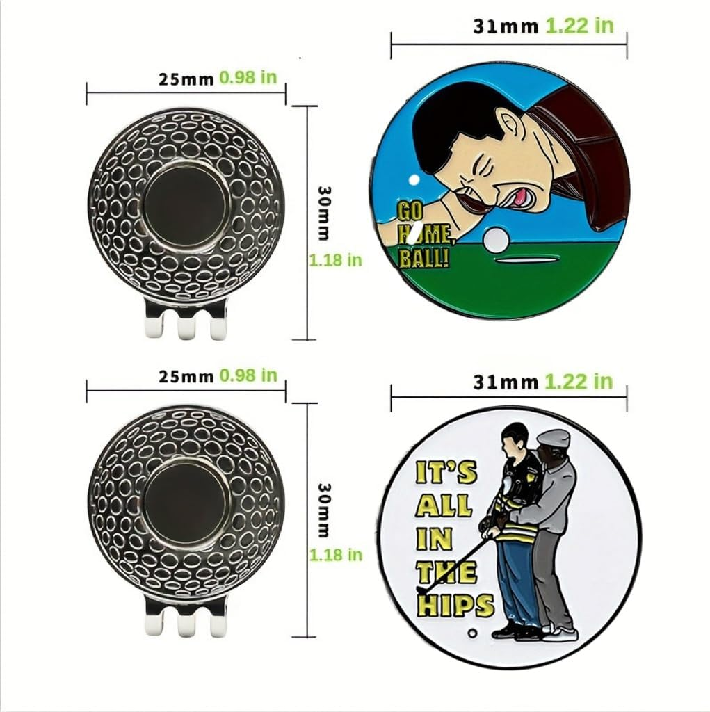 Golf Ball Marker Set, Golf Cap Clip, 31Mm Humorous Design Collection, 3-Pack
