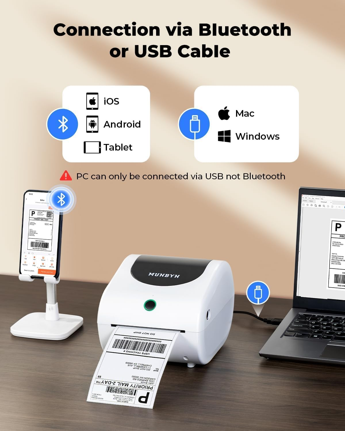 MUNBYN Shipping Label Printer 411B, 4X6 Bluetooth Thermal Label Printer with Internal Label Storage for Shipping Packages or Small Business, Compatible with Iphone, Android, Ipad, Windows, Macos image number 5