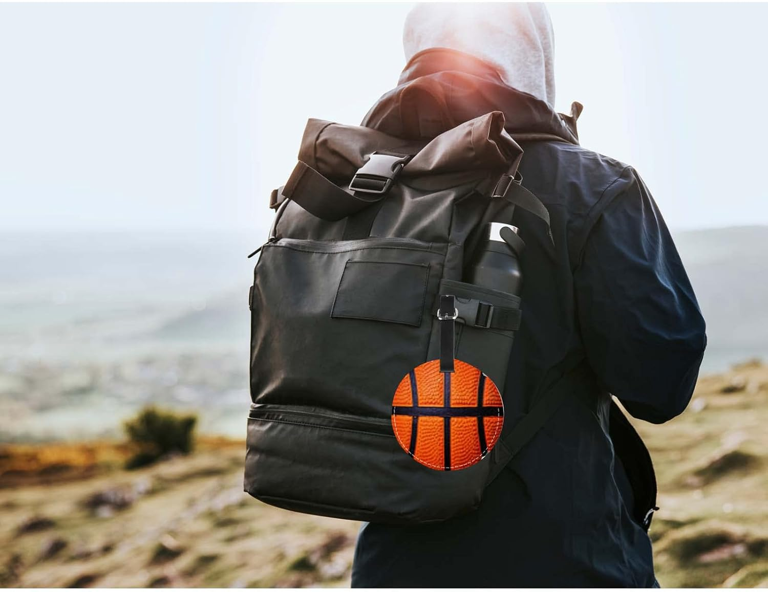 TKS MITLAN 1 Pcs Luggage Tag Basketball Skin Texture Privacy Cover ID Label Address Card for Travel Bag Suitcase Leather Luggage Tag for Women Men Girls Travel(Round) image number 1