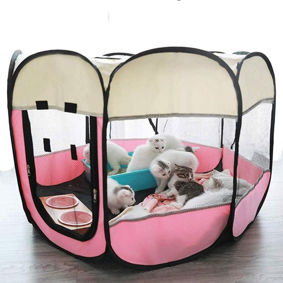 AIMALL Portable Pet Fence, Indoor Dog Tent, Octagonal Collapsible Cat and Dog Kennel, Transparent Mesh Playpen, Foldable, 29-44.8 Inches, Coffee/Pink