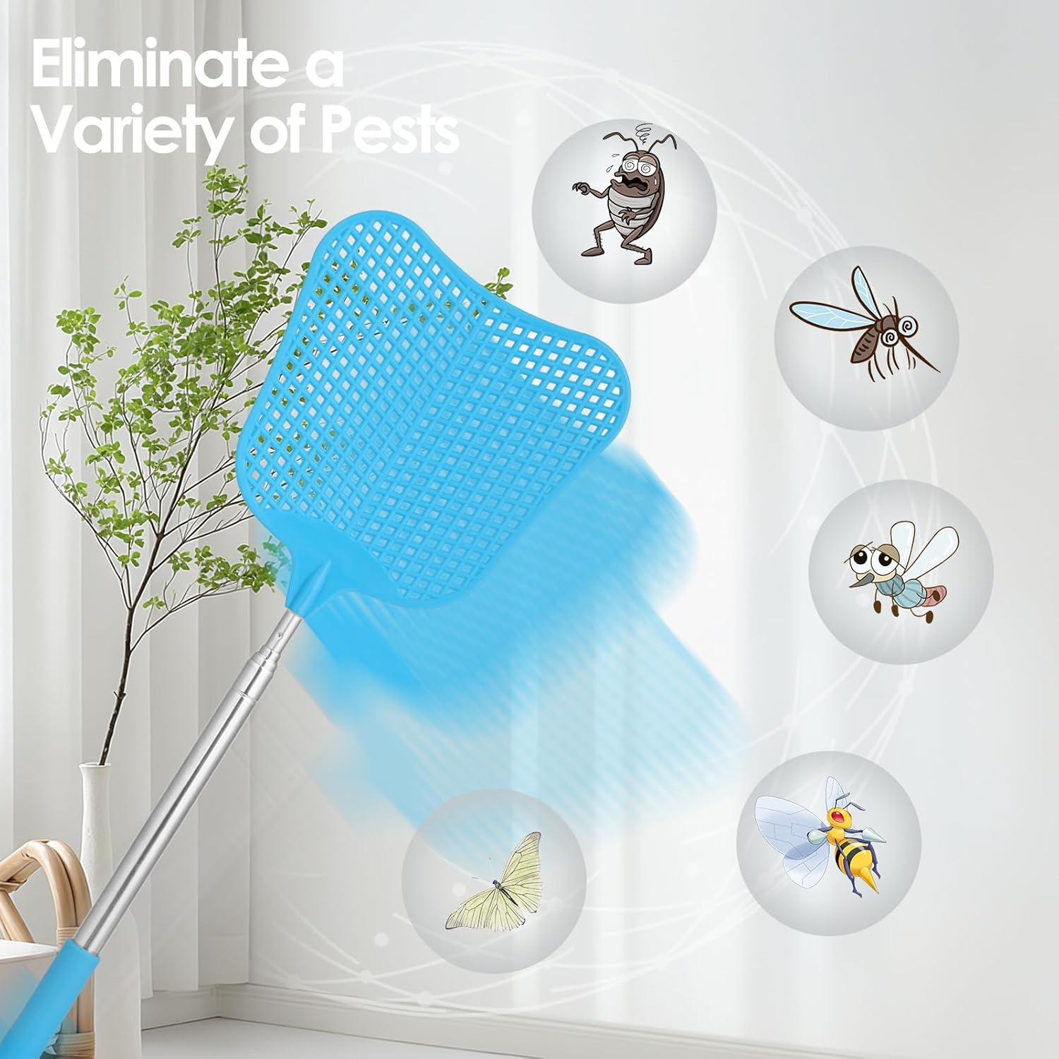 Geeric Telescopic Fly Swatters, 2PCS Plastic Extendable Fly Swatters Heavy Duty Set with Stainless Steel Handle for Indoor/Outdoor/Classroom/Office/Farm (Grey+Blue) image number 3