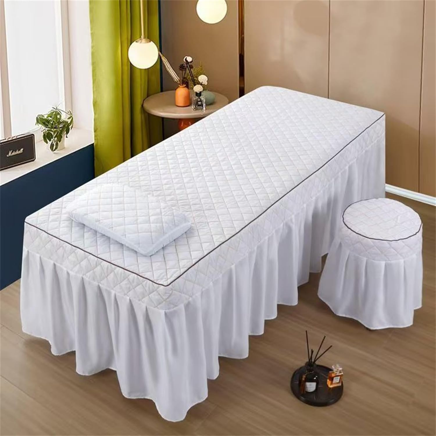 MWNAGO Massage Table Skirt with Hole,Quilted Pattern Massage Table Cover,Thickened Massage Linens, Massage Fitted Sheet, Massage Face Rest Cover with Hole, Sutiable for Beauty 75"X31.5" (White) - White image number 4