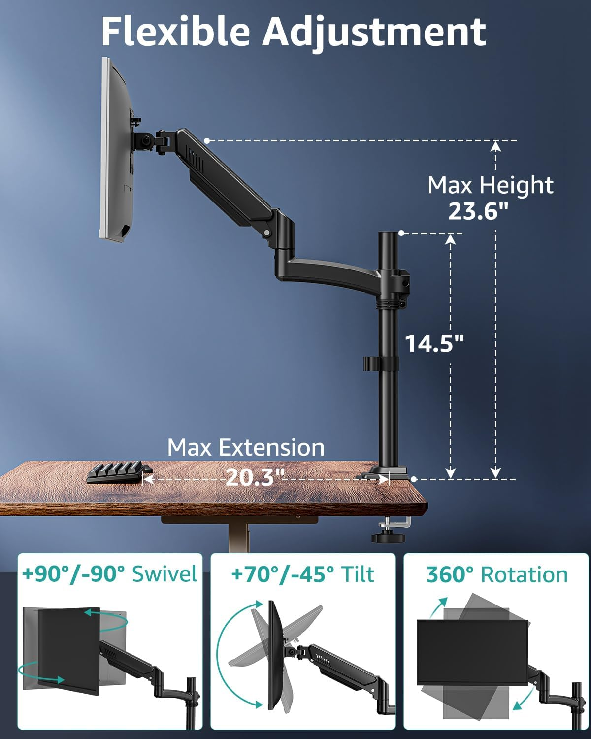 Single Monitor Mount Arm, VESA Desk Mount Stand for 13-32 Inch Computer Screen up to 22 Lbs, Adjustable Height Tall Monitor Arm with Tilt Swivel Rotation, VESA 75 100Mm, Black, Freelift