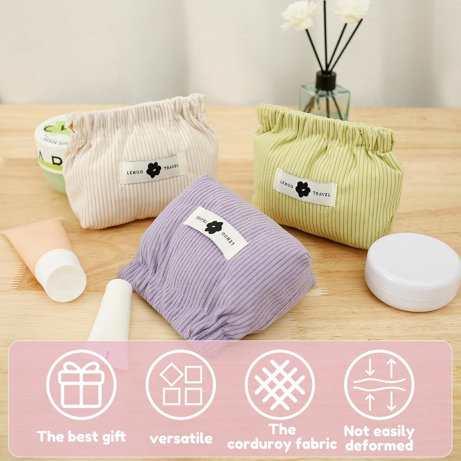 ZLHETWT 3Pcs Corduroy Elastic Hair Tie Organizer - Corduroy Elastic Storage Bag Pouch - Pocket Cosmetic Bag Squeeze Top - Hair Accessory Organizer for Women Girls 12X13X5Cm (Combination 2)