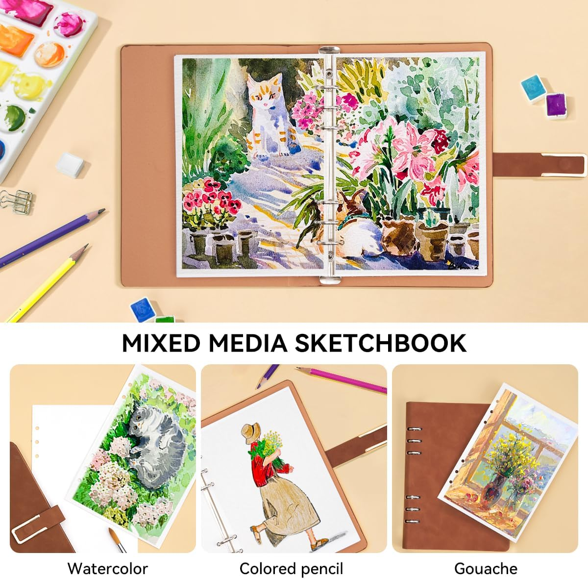 LIGHTWISH Watercolor Sketchbook,100% Cotton Acid Free Watercolor Journal,300Gsm/140Lb Cold Press Watercolor Paper for Artists,Adults,Students,20 Sheets,9.25 * 6.3 Inches - Yellow-Brown Cover image number 2