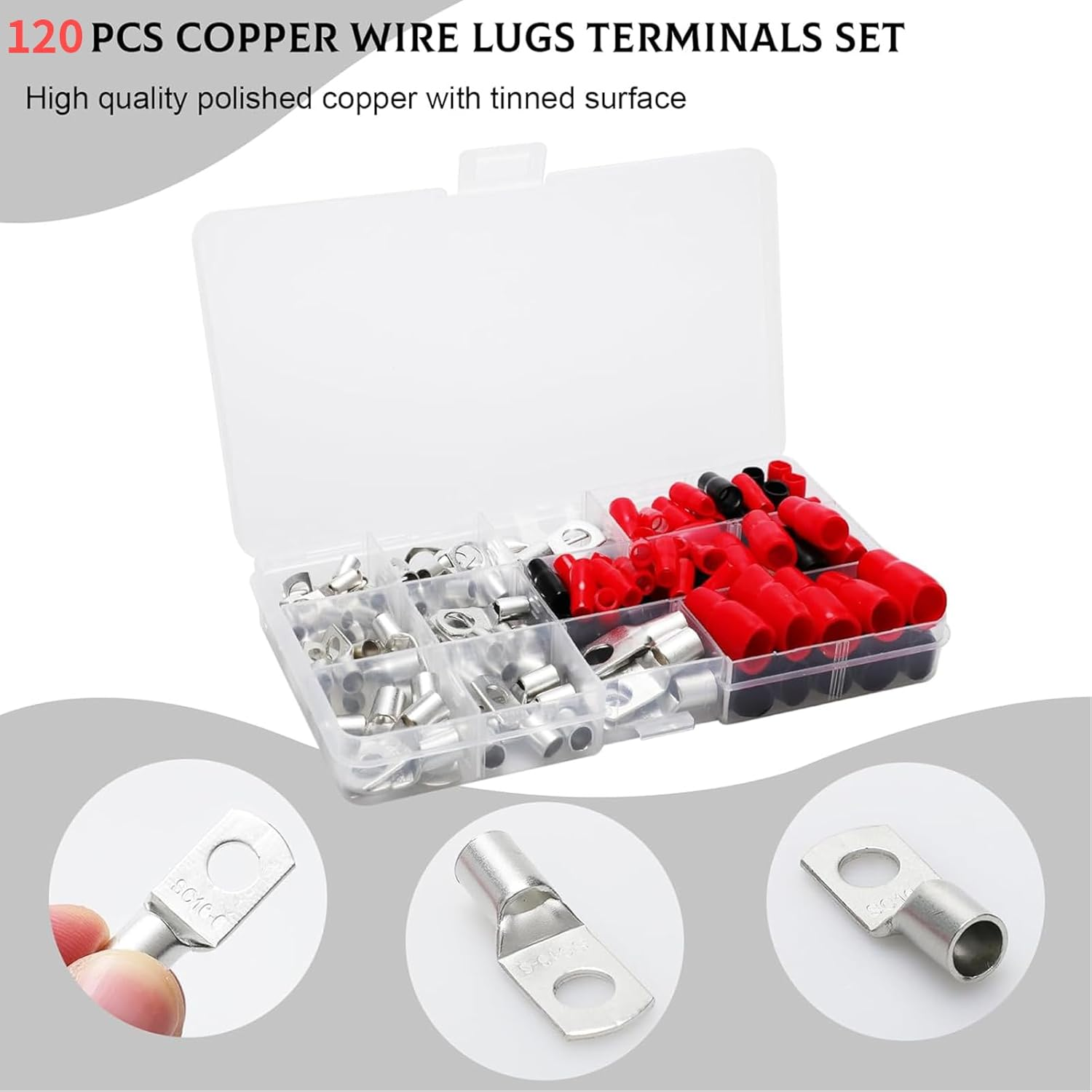 Zalizr 120 PCS Tinned Copper Battery Cable Ends Kit, 6-25Mm&sup2; Wire Lugs Assortment, Heat Shrink Tubing, SC Ring Terminals Connectors for Electrical, Automotive, Marine, Solar Use image number 6