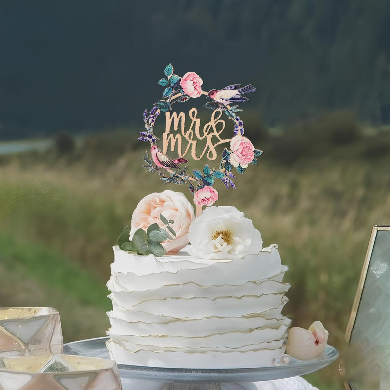 Mr & Mrs Wooden Cake Topper &ndash; Rose & Bird Floral Wedding Cake Decorations &ndash; Rustic Cake Sign for Engagement, Anniversary & Bridal Parties &ndash; 7 Inch Height image number 1